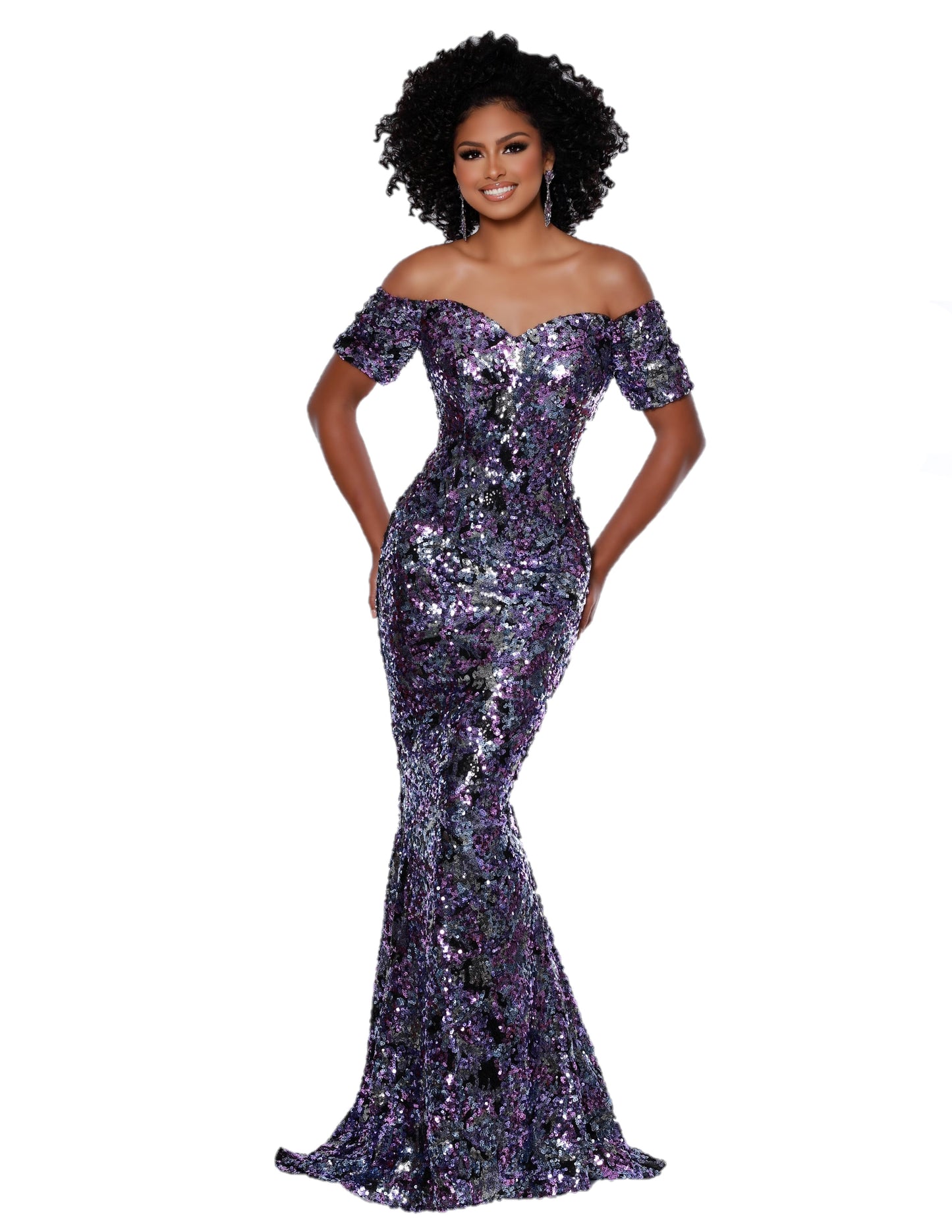 Johnathan Kayne 2417 Long Fitted Sequin off The shoulder Dress Formal Gown Available Sizes: 0-18 Available Colors: Fuchsia/Multi, Purple/Multi