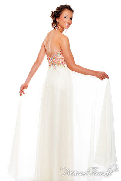 Precious Formals Glam Gurlz style S 53002 is a long chiffon prom gown with hand beaded crystal and lace over sweetheart neckline. Nice evening gown or spring formal dress.
