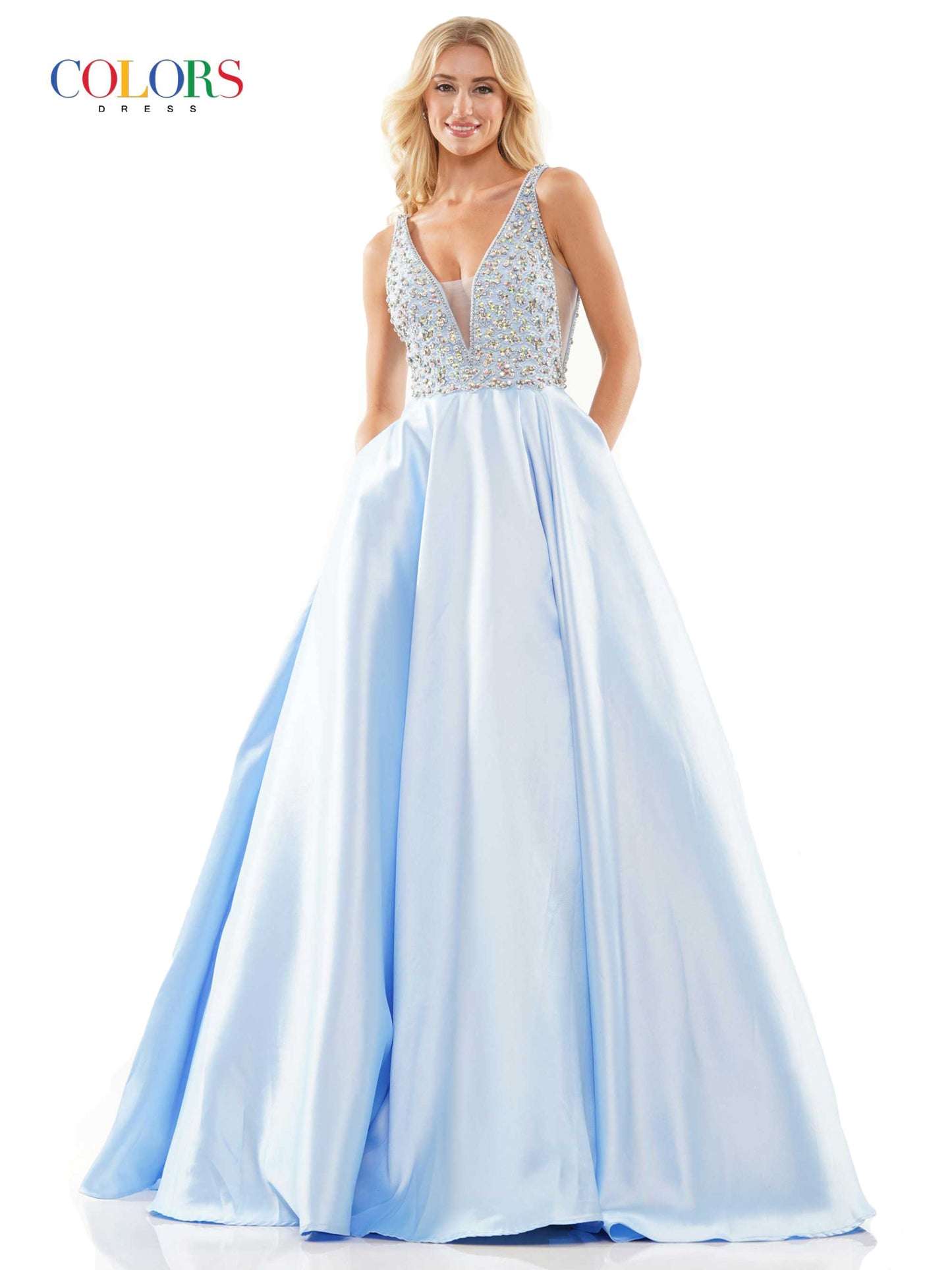 Colors 2966 Long A Line Maxi Slit Ballgown Formal Prom Dress Pageant Gown Pockets V neckline crystal embellished bodice with mesh side panels. Mikado/Beaded Mesh Available Sizes: 2-24 Available Colors: Light Blue, Red, Royal, Deep Green