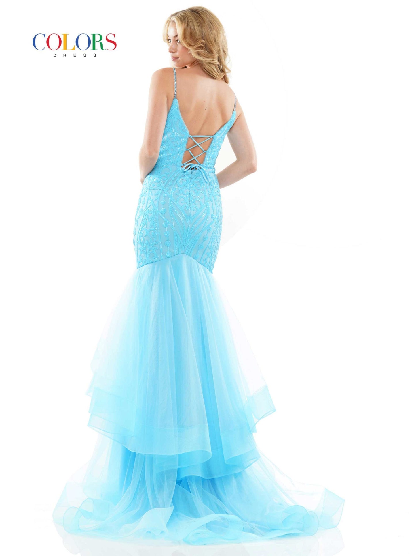 Colors Dress 2978 Fitted Sequin Mermaid Prom Dress Ruffle Layer Formal Gown Corset Back Color: Black, Royal, Hot Pink, Turquoise Size: 0-22