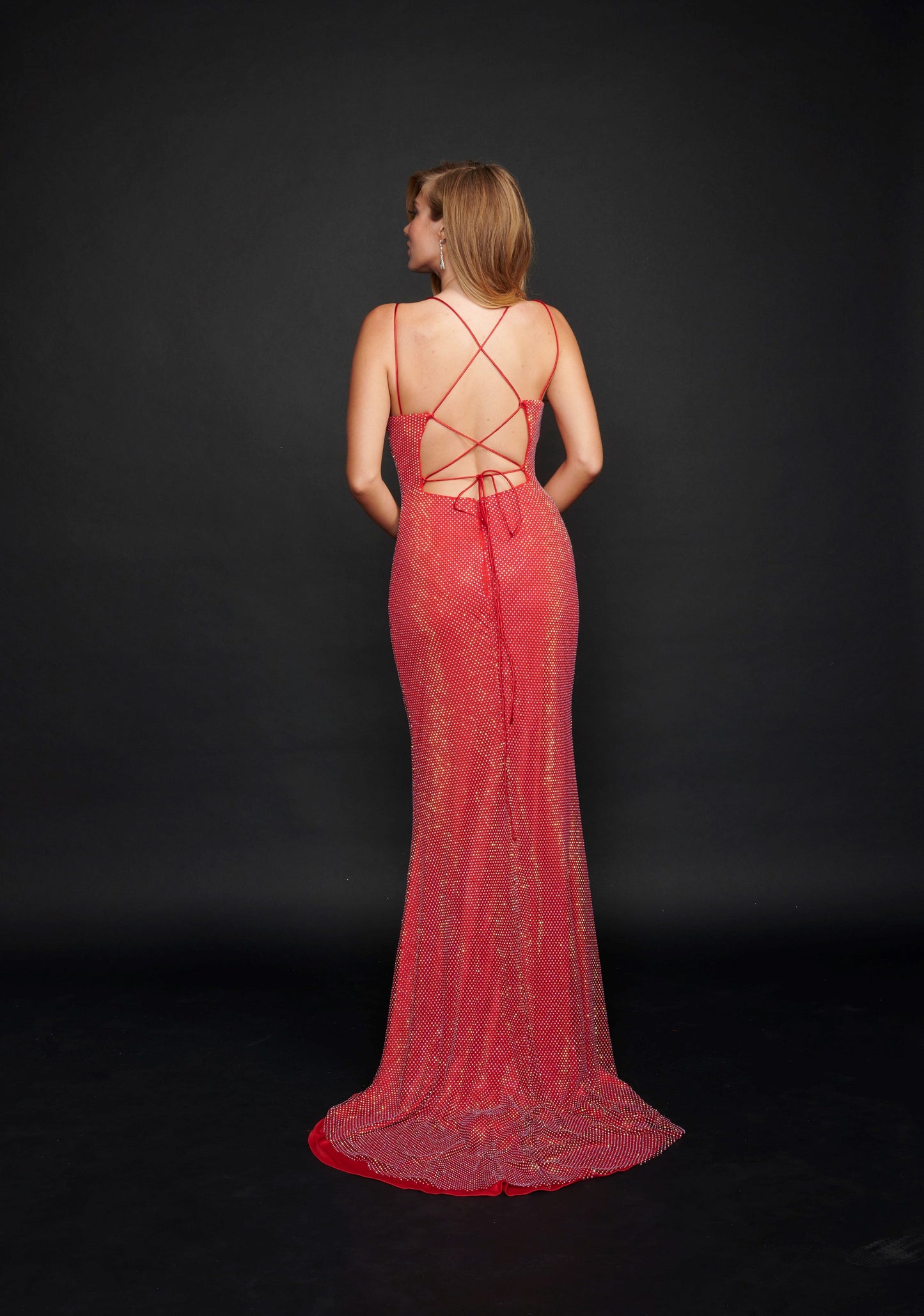 Nina Canacci 3198 Crystal Mesh Backless Corset Formal Prom Dress Pageant Gown Shimmer Available Size-0-12 Available Color-Red, Black