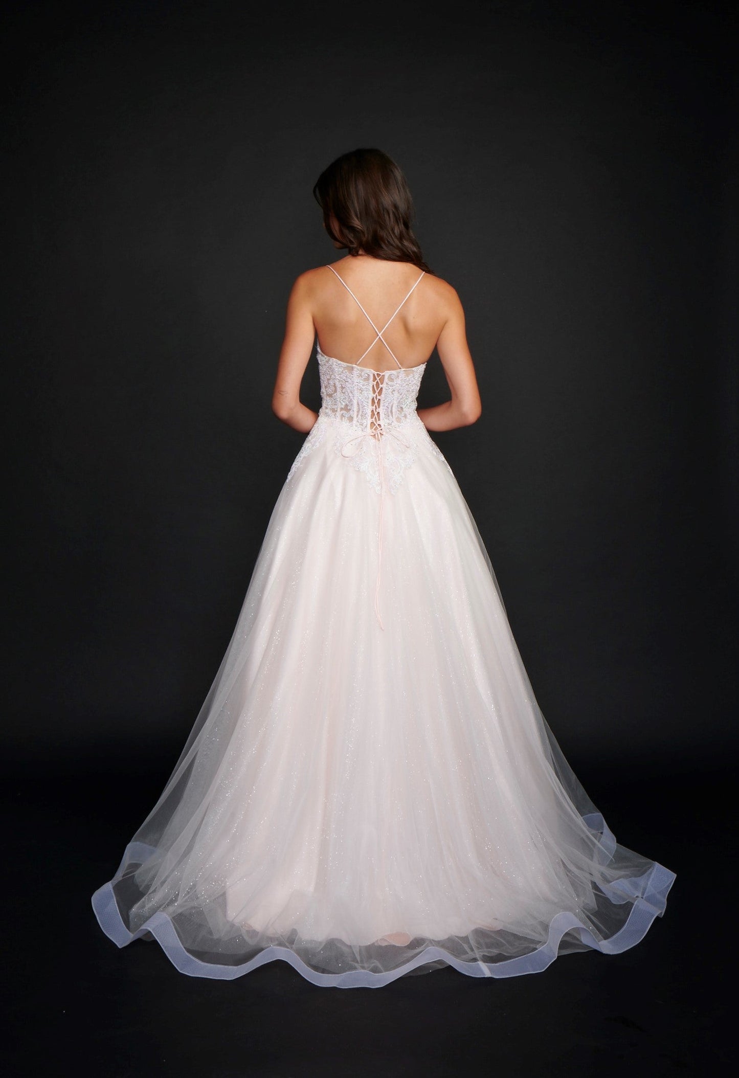 Nina Canacci 3203 Long shimmering lace Ballgown Prom Dress Pageant Gown Sheer shimmer embellished lace back with corset. Glitter tulle ballgown skirt Available Size- 2, 8, 10, 14 Available Color- Light Pink