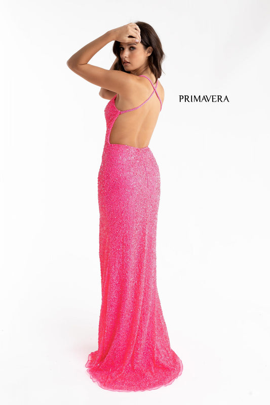 Primavera Couture 3291 Neon Pink Prom Dress embellished throughout with shimmering sequins, this impressive gown showcases a v neckline, thin beaded straps and crisscrossed strap open back. The long slim skirt has a sultry high side front slit.
Back Style Back Zipper, Open Back
Detail Slit
Length Long, 63-65" Hollow to Hem
Material Beaded, Sequins
Neckline V Neck
Style Fitted
Sizes: 0, 2, 4, 6
Color: Hot Pink (Neon Pink)