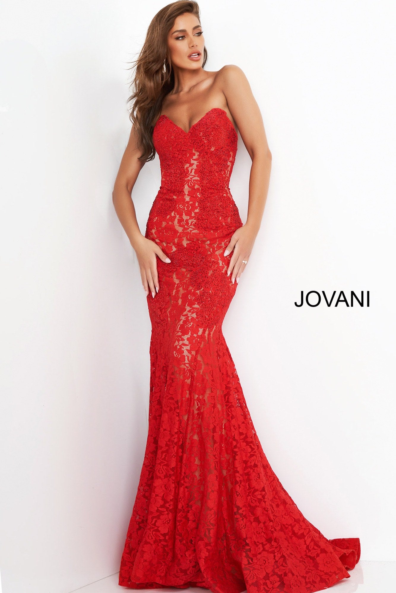 Jovani 37334 strapless embellished lace prom dress Fitted Mermaid Long peak point neckline