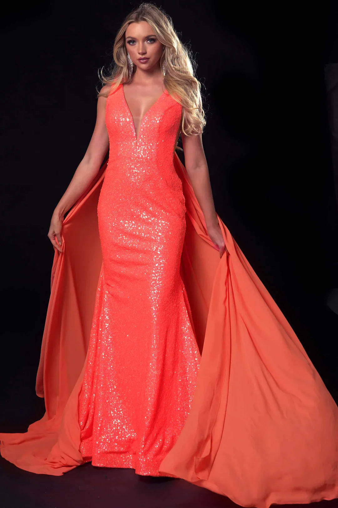 Ava Presley 37346 Size 6 Neon Orange Mermaid Sequin Prom Dress Long Fitted Pageant Gown Detachable Cape Sleeves Ava Presley 37346 Size 6 Neon Orange Mermaid Sequin Prom Dress Long Fitted Pageant Gown Detachable Cape Sleeves