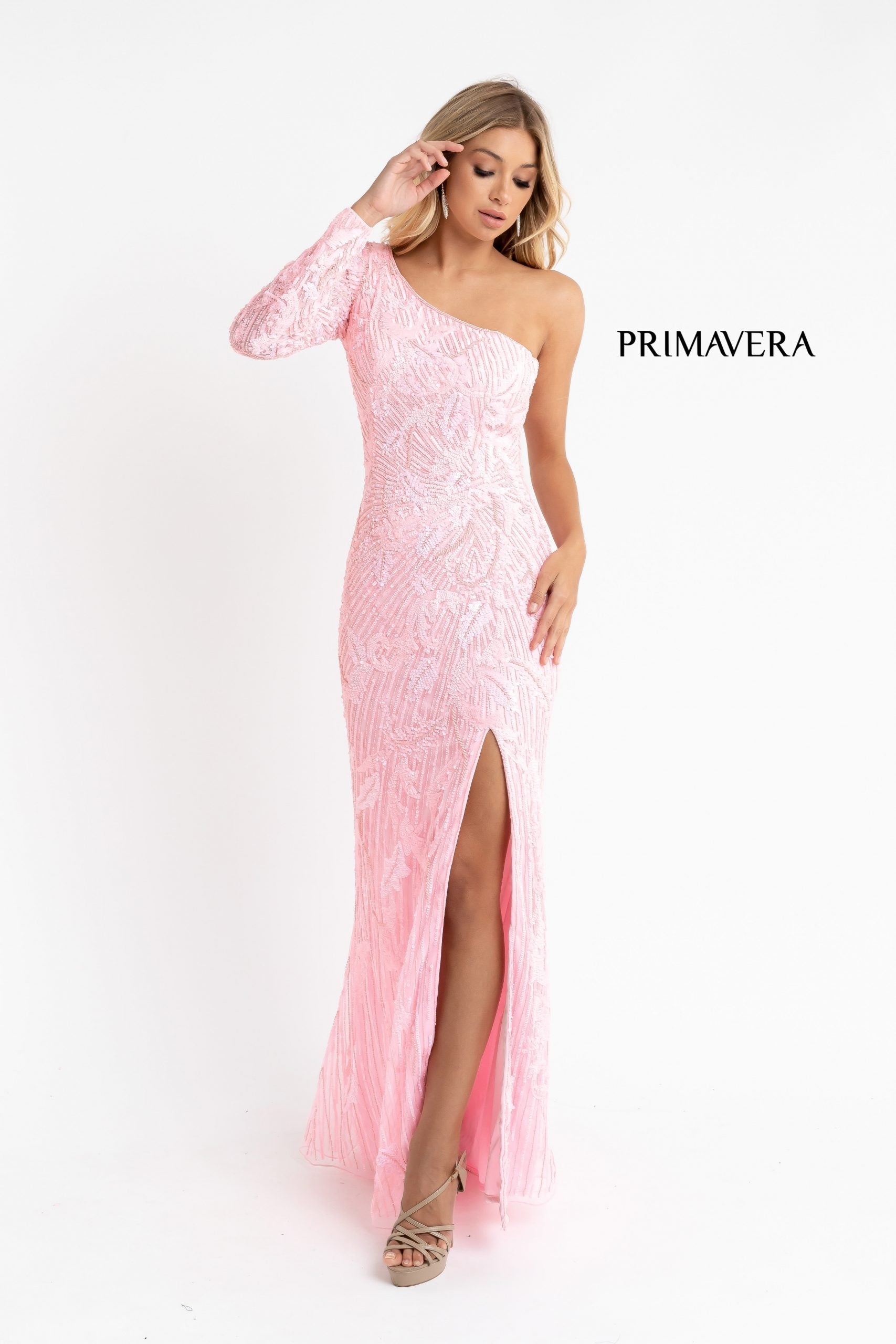 Primavera Couture 3759 Size 2 Pink One Long Sleeve Prom Dress Sequined Evening Gown Slit Primavera Couture 3759 Size 2 Pink One Long Sleeve Prom Dress Sequined Evening Gown Slit