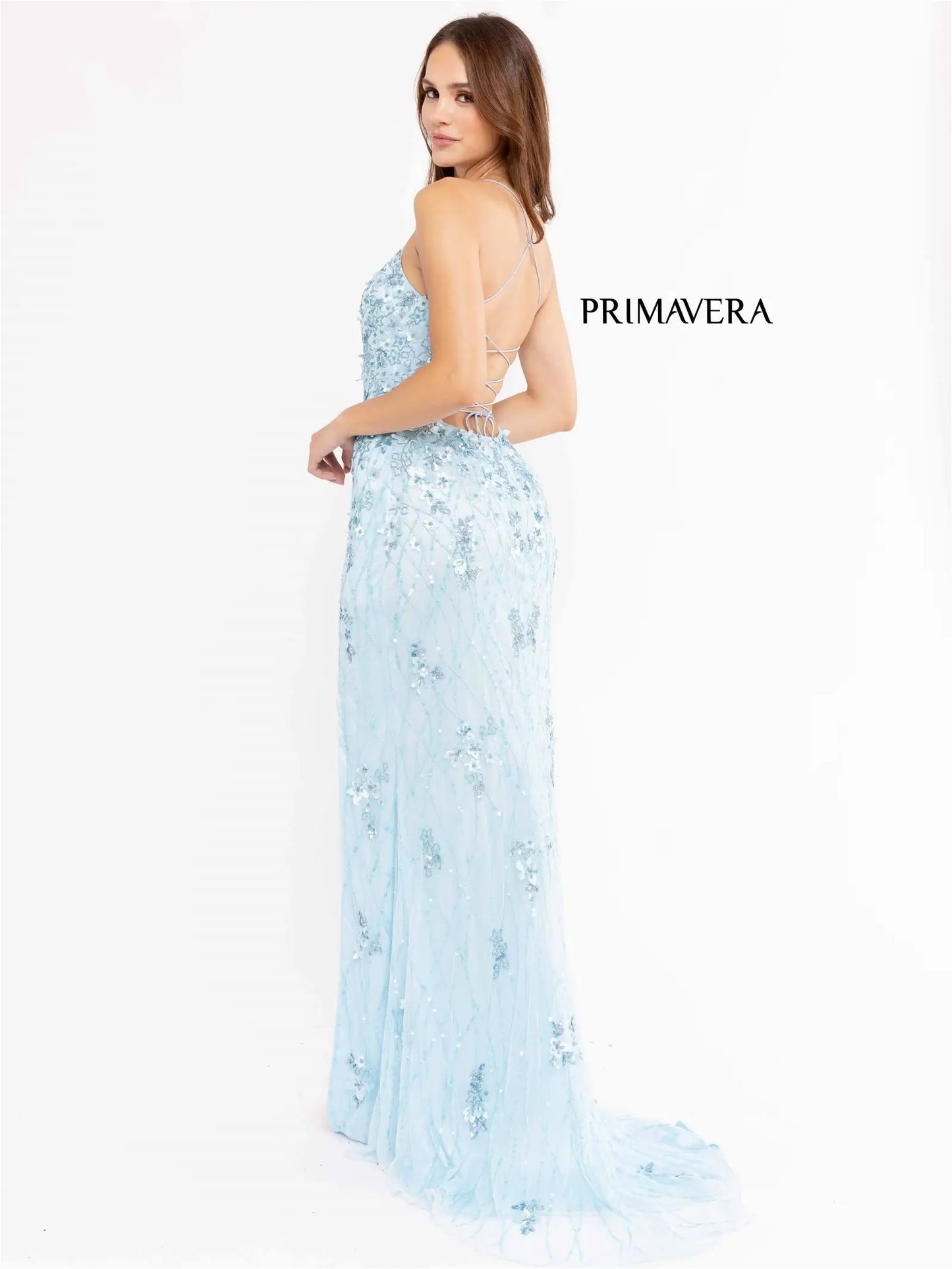 Primavera Couture 3917 Long Fitted Backless Beaded 3D Floral Sequin Corset Prom Dress Slit Sizes: 000-24 Colors: Powder Blue, Red, Purple