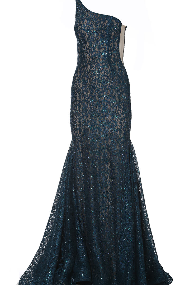 Jovani 3927 is a one shoulder Prom Dress, Pageant Gown & Formal Evening Wear gown. This Stunning Long Mermaid Fit & Flare Prom Dress features a 2 tone lace with embellishments throughout. Sheer mesh side panels. and a lush flared trumpet skirt with a train.
