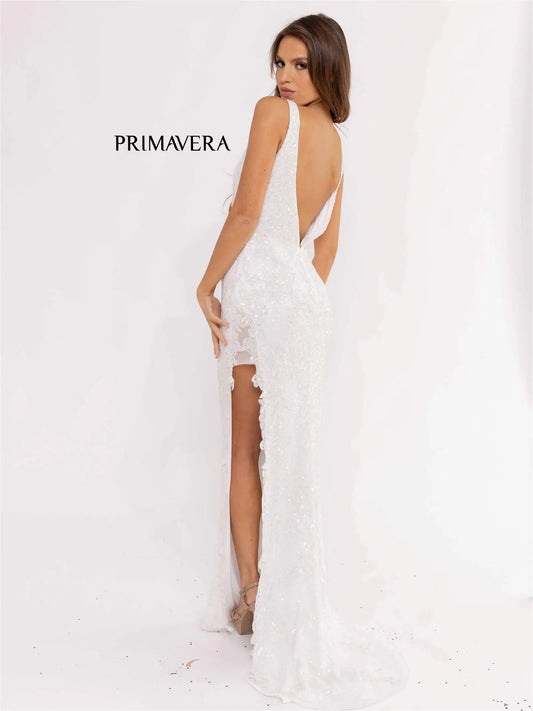 Primavera Couture 3953 Long Beaded Sequin Side Slit Prom Dress Formal Pageant Gown V Neck Backless lace embellished Sizes: 000,00,0,2,4,6,8,10,12,14,16,18,20,22,24 Colors: Royal Blue, Ivory