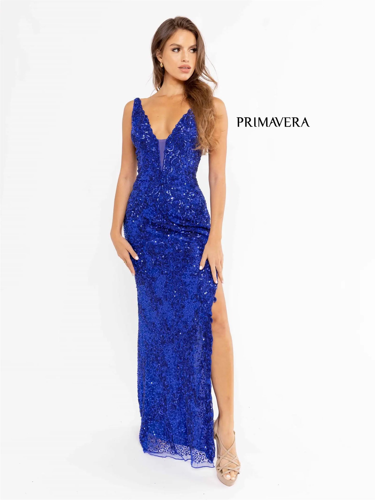 Primavera Couture 3953 Long Beaded Sequin Side Slit Prom Dress Formal Pageant Gown V Neck Backless lace embellished Sizes: 000,00,0,2,4,6,8,10,12,14,16,18,20,22,24 Colors: Royal Blue, Ivory