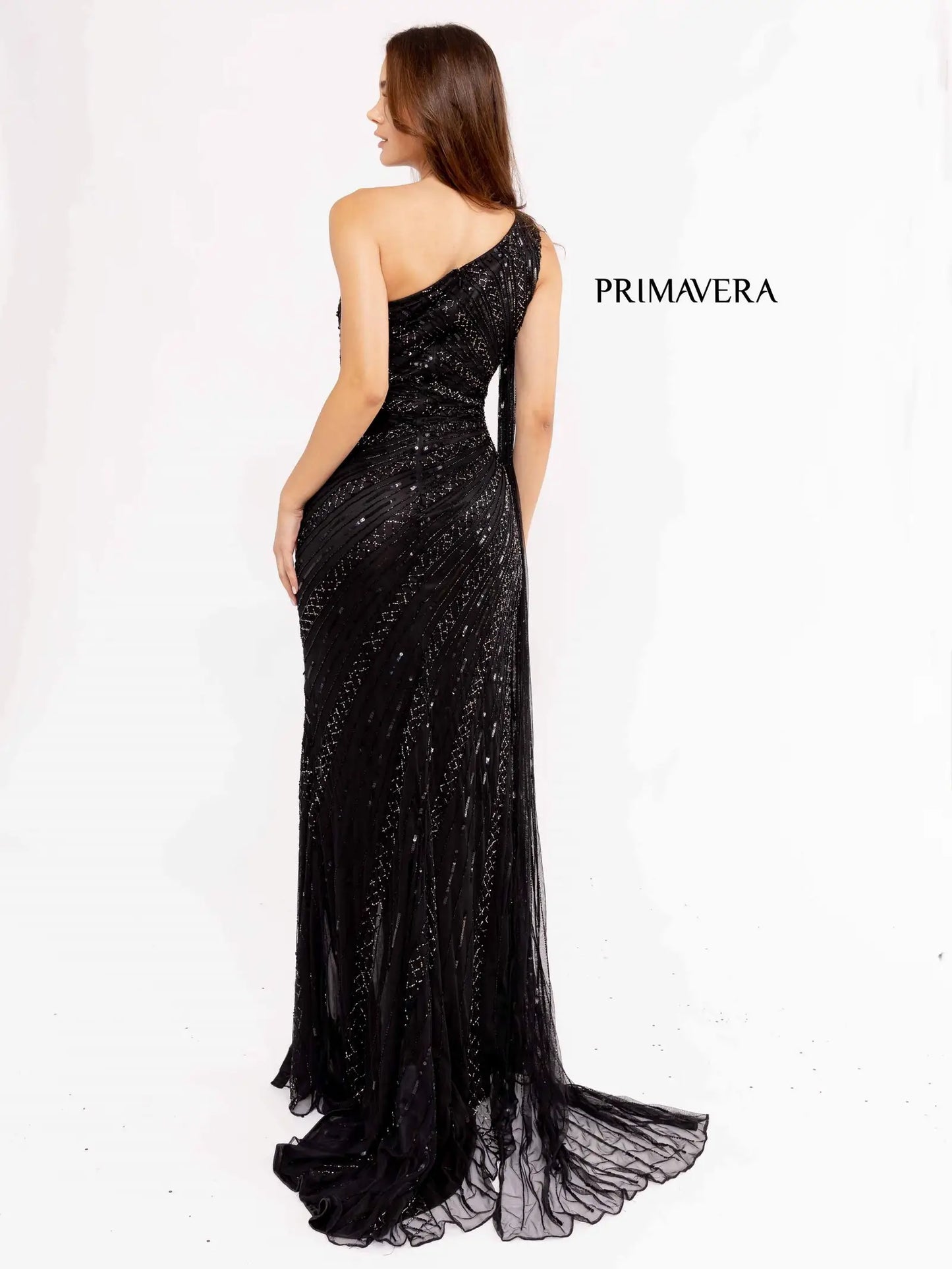 Primavera Couture 3956 Long Fitted Beaded One Shoulder Cape Prom Dress Slit Pageant Gown Sizes: 000-24 Colors: Lilac, Black