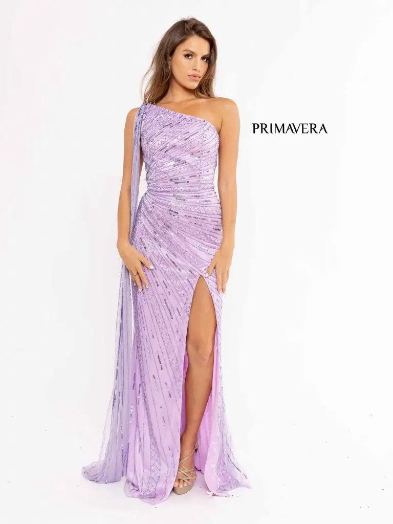 Primavera Couture 3956 Size 12 Lilac Long Fitted Beaded One Shoulder Cape Prom Dress Slit Pageant Gown Primavera Couture 3956 Size 12 Lilac Long Fitted Beaded One Shoulder Cape Prom Dress Slit Pageant Gown