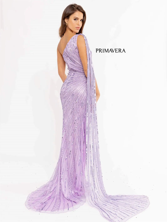 Primavera Couture 3956 Long Fitted Beaded One Shoulder Cape Prom Dress Slit Pageant Gown Sizes: 000-24 Colors: Lilac, Black