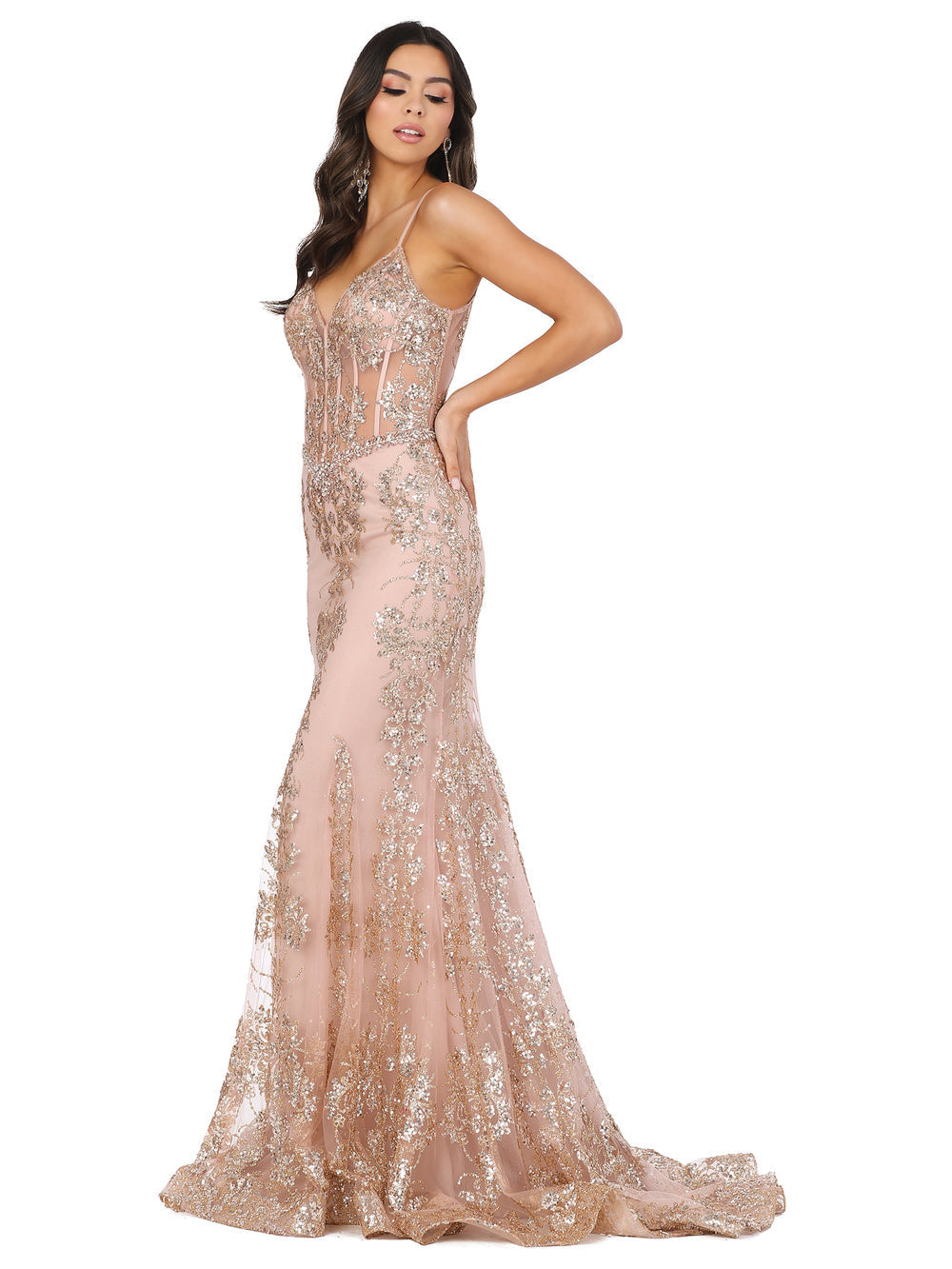 DQ 4118 Size 10 Rose Gold Long Sheer Sequin Mermaid Prom Dress Pageant Gown V Neck Crystal Belt DQ 4118 Size 10 Rose Gold Long Sheer Sequin Mermaid Prom Dress Pageant Gown V Neck Crystal Belt