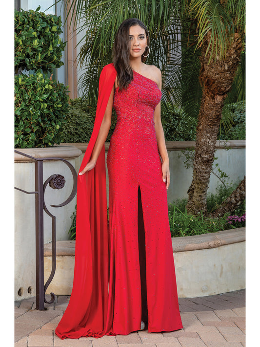 DQ 4284 Long Fitted Jersey One Shoulder Prom Dress & Pageant Gown with a flowing Cape off the shoulder and Slit in the skirt. Fully Crystal Embellished Fitted Bodice & sweeping train. Available Colors: Black, Dusty Blue, Hunter Green, Red, Sienna Available Sizes: XS-3XL