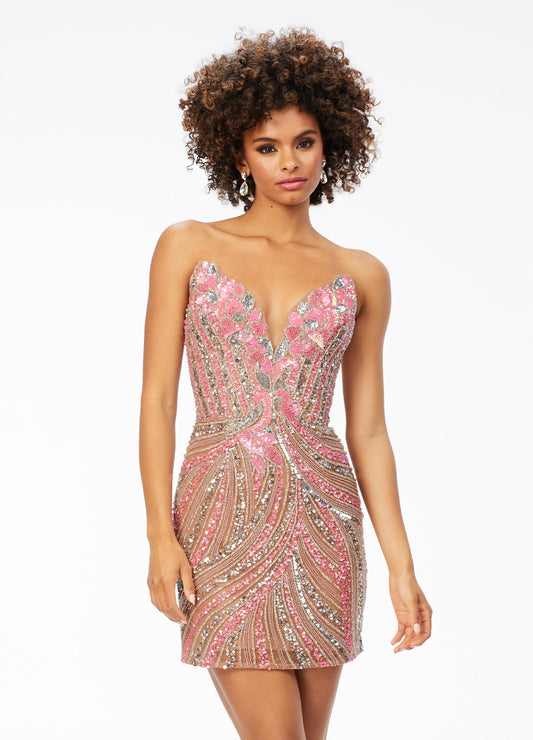 Ashley Lauren 4500 Pink/Nude Size 6 Sequin Strapless Homecoming Dress