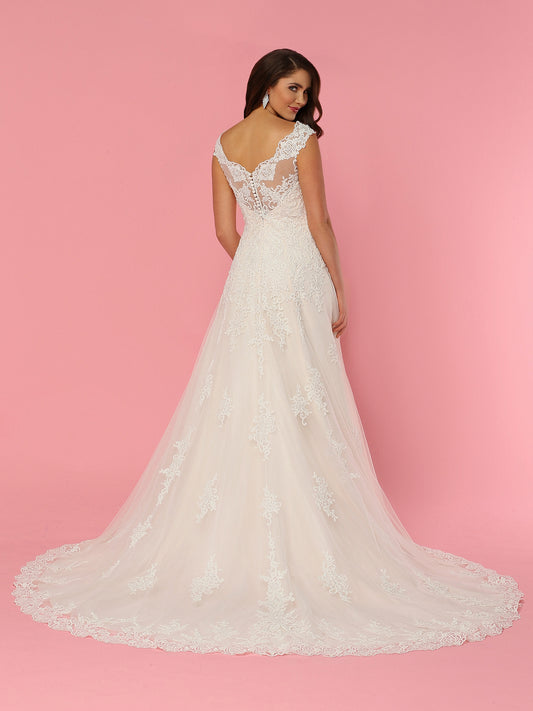 Davinci Bridal 50444 Long Tulle & Lace A-Line Wedding Dress features a Lace Bodice with V-Neckline,Sheer Lace Straps & V-Design Sheer Lace Back with Covered Buttons. Lace Applique Skirt with Scalloped Lace Hem ends in a Chapel Train. Fabric: Tulle & Lace Neckline: Modest, Straps, V-Neck Silhouette: A-Line, Modest, Straps, V-Neck Details: Beading, Buttons, Lace, Lace Applique, Modest Available for 1-2 Week Delivery!!!