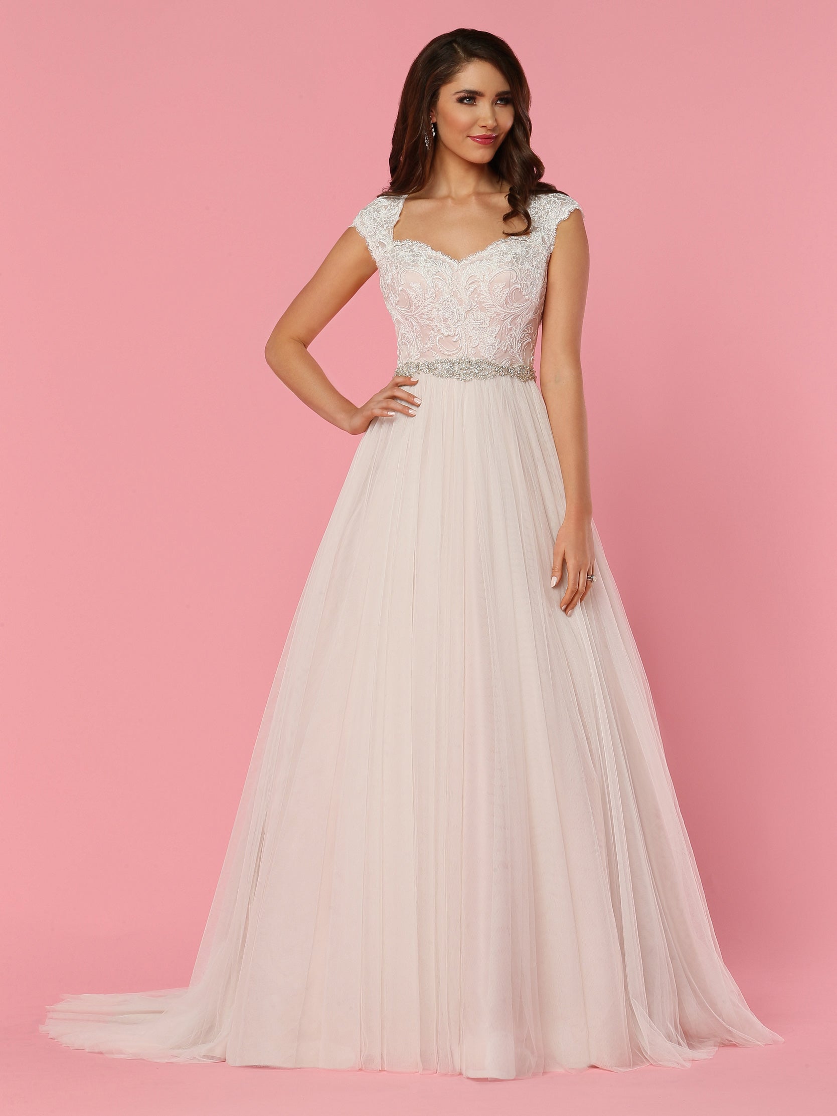Davinci Bridal 50456 Lace Tulle Wedding Dress Crystal Belt Ballgown SheerCap Sleeve 18 / White/White Davinci Bridal 50456 Lace Tulle Wedding Dress Crystal Belt Ballgown SheerCap Sleeve 18 / White/White