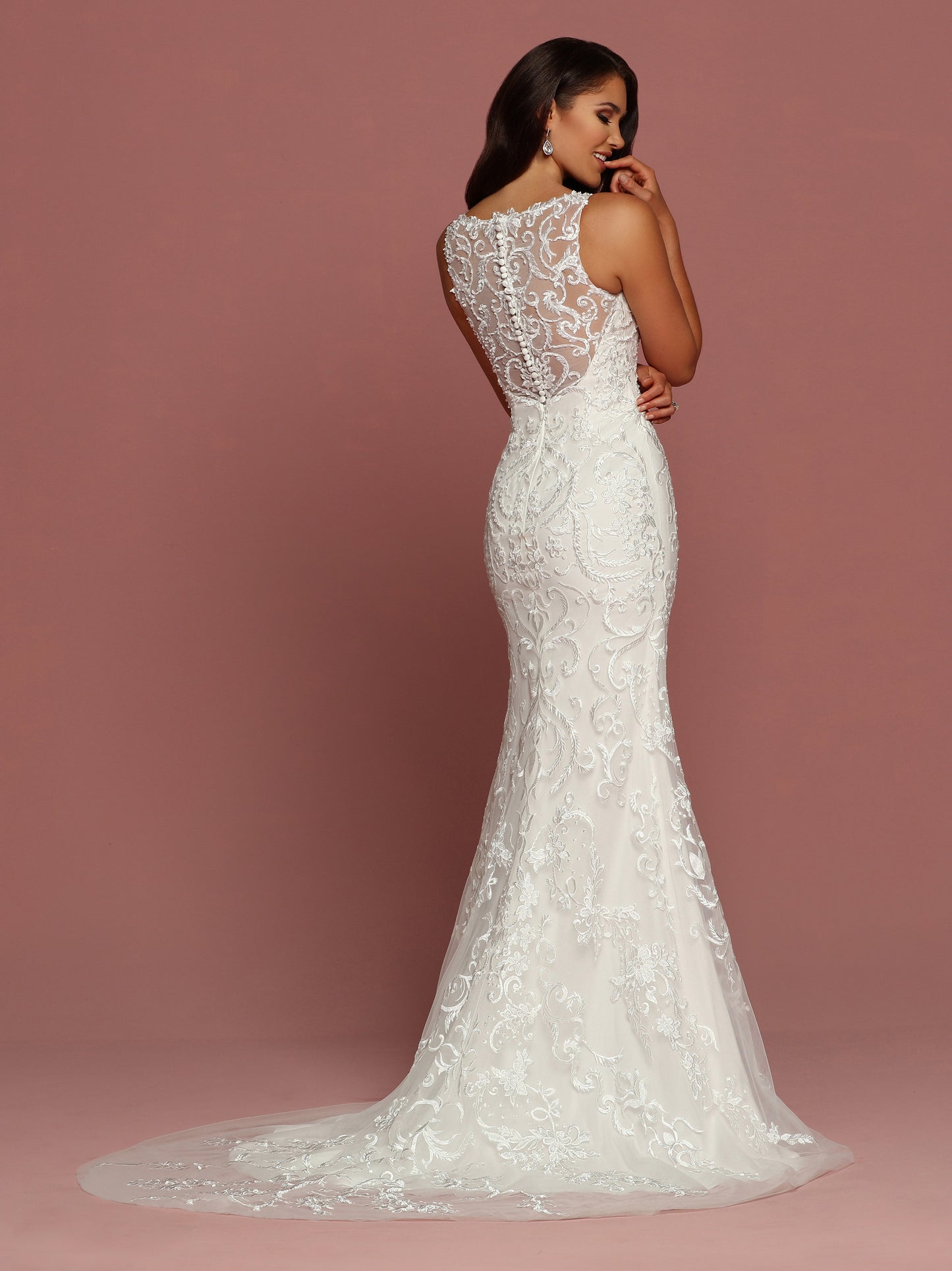 Davinci Bridal 50481 is a fitted mermaid silhouette wedding dress. Featuring a Sheer Lace Illusion high neckline and back with Button Seam. Embellished Embroidered Tulle. Small train flowing from trumpet skirt. Available for 1-2 Week Delivery!!! Available Sizes: 2,4,6,8,10,12,14,16,18,20 Available Colors: Ivory Available Colors: Ivory, Whi