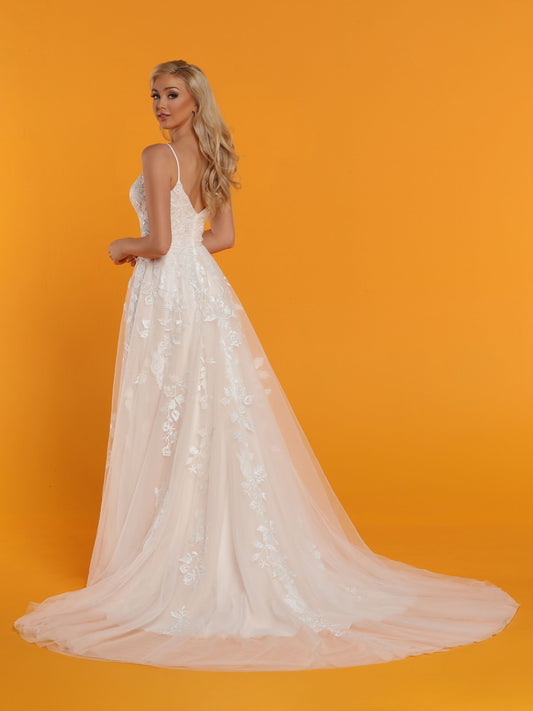 Davinci Bridal 50536 is a soft tulle A Line Wedding Dress Featuring Hand Embellished Lace Over Tulle. V Neckline with spaghetti straps and an open V Back. Long tulle train. Available for 1-2 Week Delivery!!! Available Sizes: 2,4,6,8,10,12,14,16,18,20 Available Colors: Ivory/Blush, Ivory/Ivory