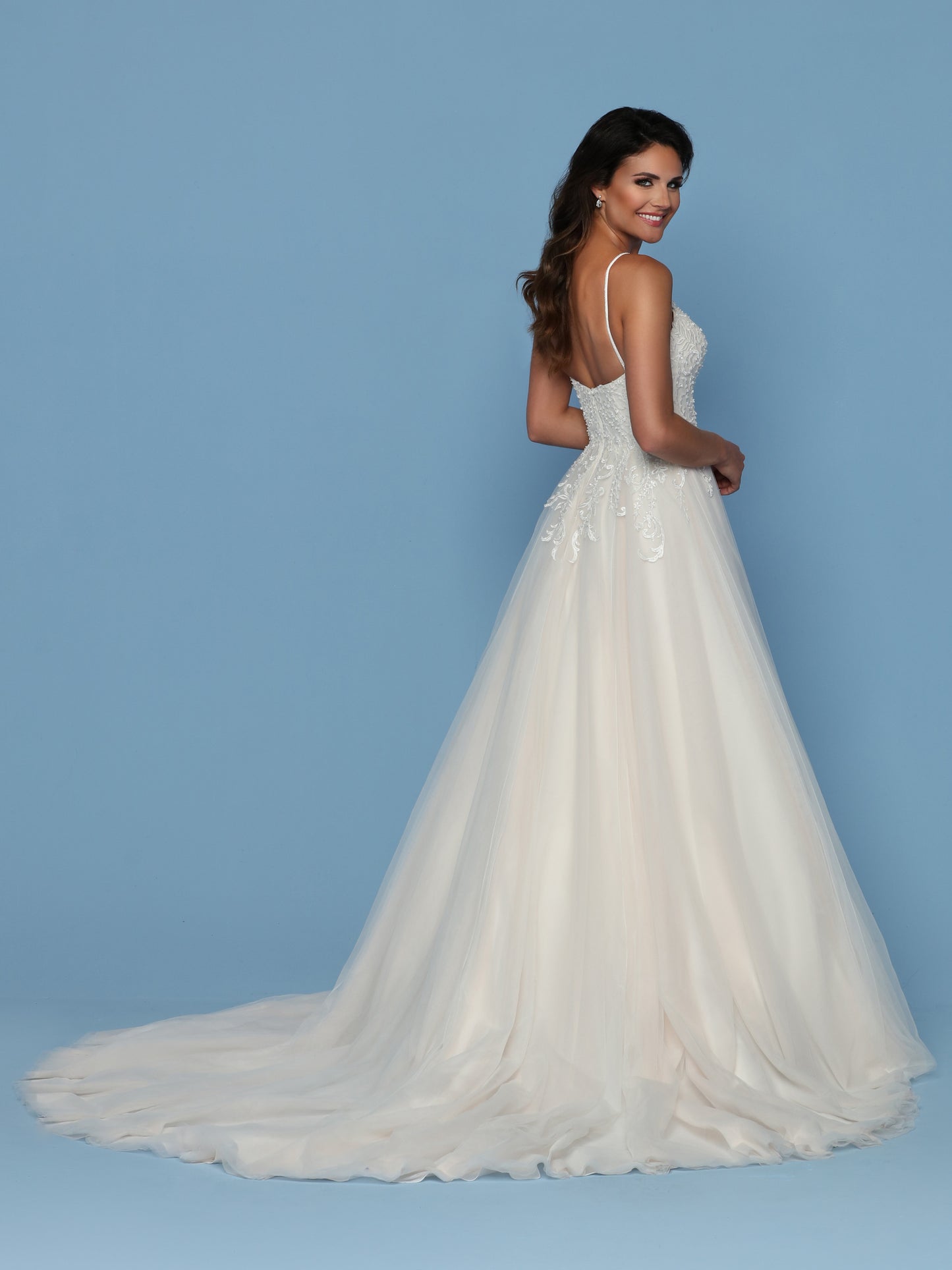 Davinci Bridal 50569 Features a Beaded Lace Bodice with Embellished Spaghetti Straps and lace cascading from the bodice into the tulle A Line Skirt. Train flowing from the back. Available for 1-2 Week Delivery!!! Available Sizes: 2,4,6,8,10,12,14,16,18,20 Available Colors: Ivory/Ivory, Ivory/Blush