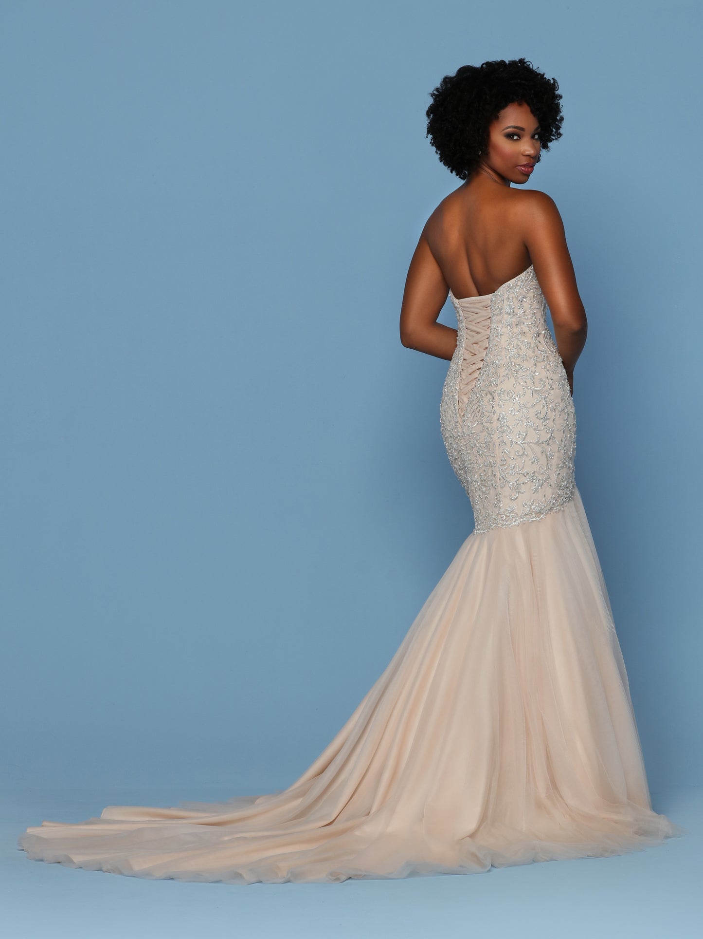 Davinci Bridal 50573 Two-Tone Beaded Embroidery & Tulle Mermaid Wedding Dress features a Fitted Beaded Bodice with Strapless Sweetheart Neckline, Open Back & Corset. Full Gathered Tulle Mermaid Skirt finishes with a Chapel Train. Available for 1-2 Week Delivery!!! Available Sizes: 2,4,6,8,10,12,14,16,18,20 Available Colors: Blush/Silver, Ivory/Silver Fabric: Beaded Embroidery, Tulle Neckline: Strapless, Sweetheart Silhouette: Fit And Flare, Mermaid, Sheath Details: Back Interest, Beading, Chapel Trai