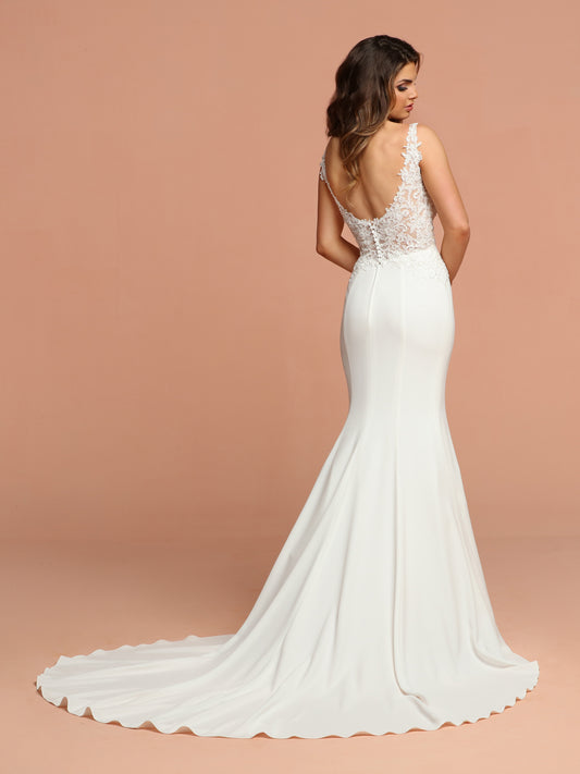 Davinci Bridal 50592 is a long Fitted Crepe & Lace Mermaid Wedding Dress. Featuring a Sheer tulle & Lace bodice with a V neck and open back. The Fit & Flare skirt is crepe with a full bottom and stunning train. Available for 1-2 Week Delivery!!! Available Sizes: 2,4,6,8,10,12,14,16,18,20 Available Colors: Ivory/Nude, Ivory/Ivory