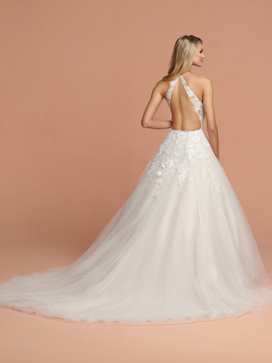 Davinci Bridal Style 50598 is a long Tulle Ballgown with a sheer Embroidered lace high neckline overlaying a plunging neckline and sheer lace wrap around straps with an open back. full soft tulle skirt features a beautiful train. Available for 1-2 Week Delivery!!! Available Sizes: 2,4,6,8,10,12,14,16,18,20 Available Colors: Ivory/Blush, Ivory/Ivory