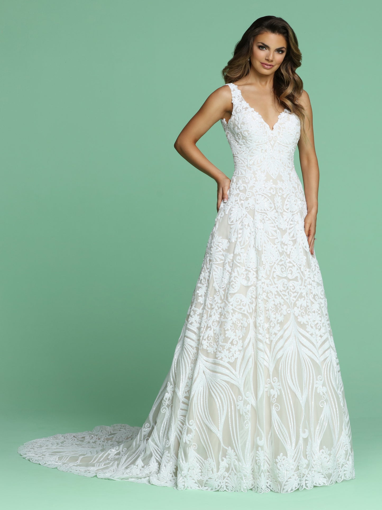 Davinci Bridal 50613 is a stunning long A Line Sequin Pattern Wedding Dress. Featuring a V Neckline with wide straps leading around to an open V back. This Shimmering gown is a true Fairytale Princess Gown! Available for 1-2 Week Delivery!!! Available Sizes: 2,4,6,8,10,12,14,16,18,20 Available Colors: Ivory/Blush, Ivory/Ivory Available Sizes: 2-30 Available Colors: Ivory/Blush, Ivory/Ivory, White/White