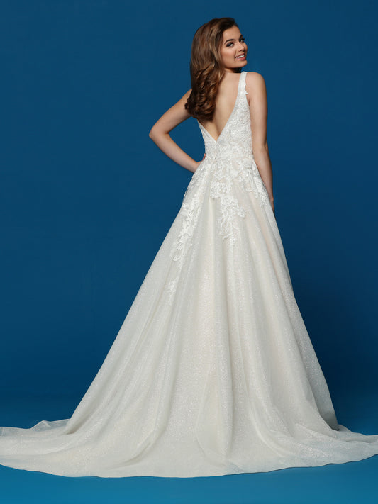 Davinci Bridal 50655 This is a sparkly lace and glittered tulle A line long wedding dress. This bridal gown has a lace v neckline and a v back with a train. Colors: Ivory/Blush, Ivory/Ivory Sizes 2-20