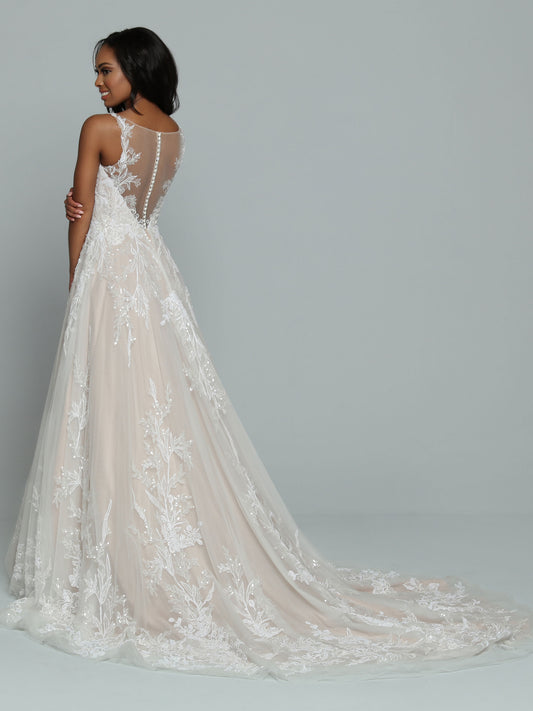 Davinci Bridal 50672 A line Lace Ballgown Wedding Dress Sheer Back Bridal Gown Beautiful Tulle A-Line Wedding Dress with a Ball Gown Vibe features a Deep V-Neckline with Sheer Modesty Panel. Lightly Beaded Lace Applique Covers the Bodice & frames the Sheer Back. More Lace Applique highlights the Full Skirt & Chapel Length Train. Sparkling Sequin Accents & Covered Buttons finish the look.