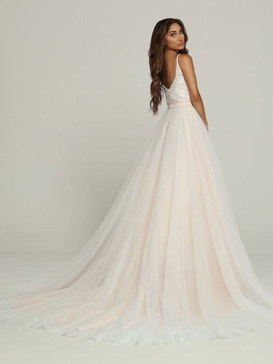 Davinci Bridal 50687 A Line Tulle Wedding Dress Beaded Baby Doll Bodice Bridal Gown Beautiful & Modest, this Fairytale Tulle A-Line Ball Gown Wedding Dress features a High Scoop Neckline, Deep V-Back & Slender Shoulder Straps. Beaded Lace Applique Covers the Bodice & Straps & Sets off the Generously Layered Tulle Skirt with Chapel Train. A Slender Waistband Belt is the Finishing Touch.