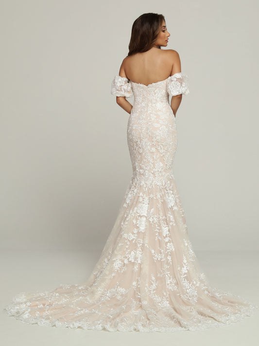 Davinci Bridal 50698 Long Lace Fitted Mermaid Wedding Dress Puff Sleeve Bridal Gown off Shoulder A Timeless Look with a Modern Vibe, this Lace & Tulle Fit & Flare Sheath Wedding Dress features Allover Lace from Neckline to Hem. Off the Shoulder Lace Straps add Style to the Strapless Sweetheart Neckline. The Skirt Flares Below the Knee & Finishes with a Chapel Train.