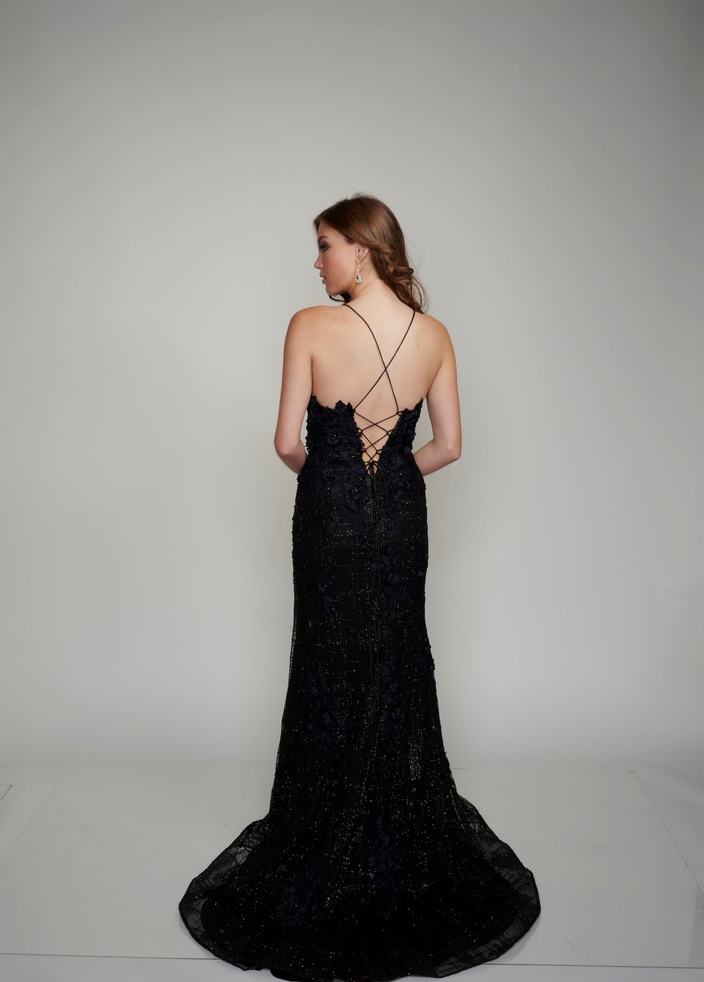 Nina Canacci 5209 Long Glitter Lace Formal Prom Dress Pageant Gown Backless Corset 3D Floral Lace Available Size- 0-18 Available Color- Black, Red