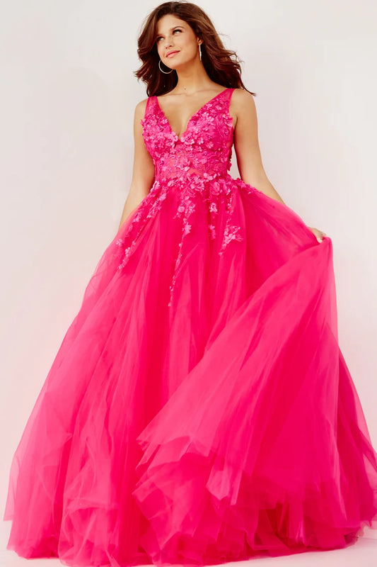 Jovani 55634 Long floral appliques Prom Dress Lace ballgown V Neck Illusion