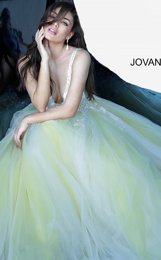Jovani 55634 floral appliques v neckline prom dress ballgown Tulle ballgown, floor length, floral appliques, sheer sleeveless bodice, bra cups, v neckline and back. Available Colors: black, champagne, navy/black, off white/blush, off white/light blue, off white/off white, off white/yellow, off white/ lilac, red, teal Available Sizes: 00 - 24