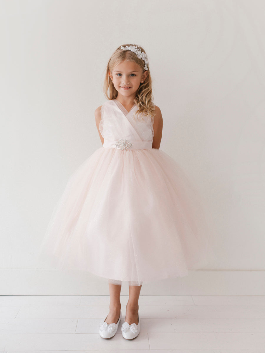 Tip Top 5698 Size 4 Blush Glitter V neck Flower Girl Dress Broach Tea length Tulle Tip Top 5698 Size 4 Blush Glitter V neck Flower Girl Dress Broach Tea length Tulle