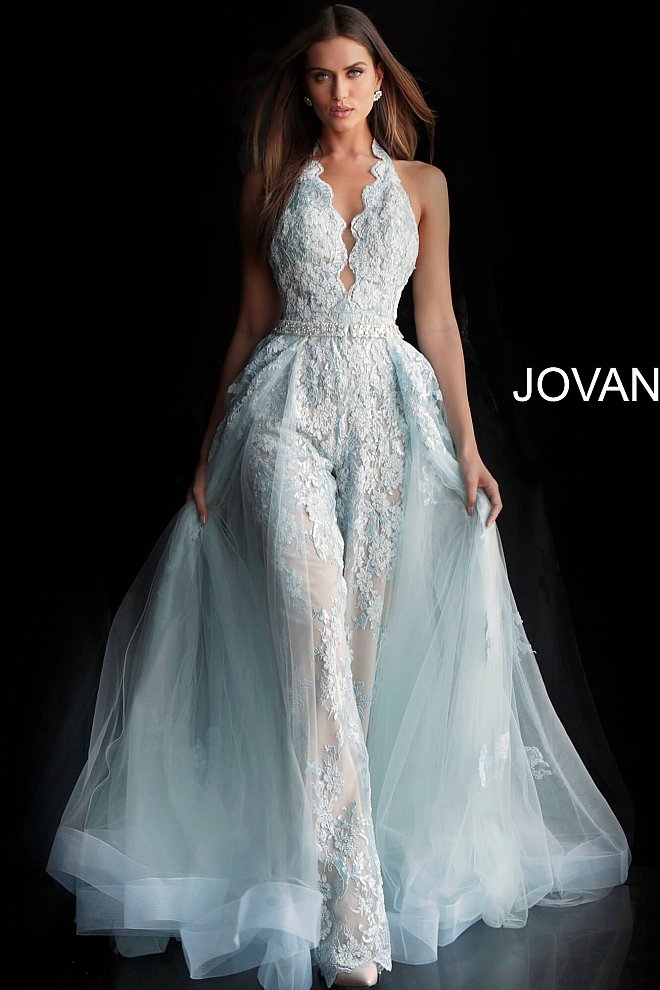 Jovani 60124 lace halter prom jumpsuit Romper Lace Detachable