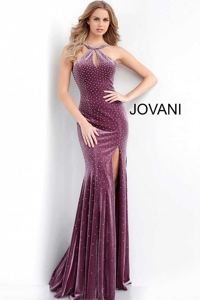 Jovani 63935 Size 0 Mauve Velvet crystal Keyhole neck Prom Dress Pageant  Gown Slit