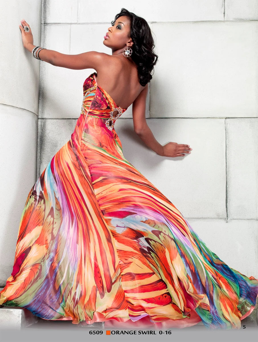 Riva Designs 6509 Size 0 Print Long A Line Crystal Embellished waistline and embellished keyhole coutout back. Prom Dress Formal come with spaghetti straps sweetheart neckline. chiffon Available Size: 0 Available Color: Orange Swirl