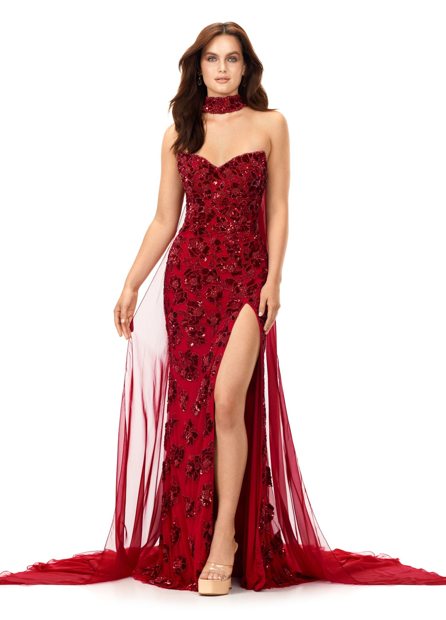 Ashley Lauren 11351 Strapless Fully Beaded Gown with Beaded Choker Chiffon Cape Long Prom Dress Formal 8 / Red Ashley Lauren 11351 Strapless Fully Beaded Gown with Beaded Choker Chiffon Cape Long Prom Dress Formal 8 / Red