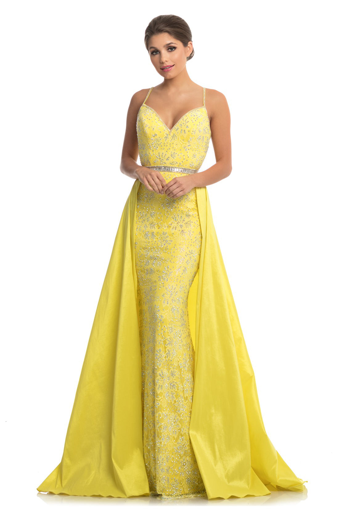 Johnathan Kayne 7242 Size 4 Canary Yellow Lace V Neck Pageant Gown Prom Dress OverSkirt Johnathan Kayne 7242 Size 4 Canary Yellow Lace V Neck Pageant Gown Prom Dress OverSkirt