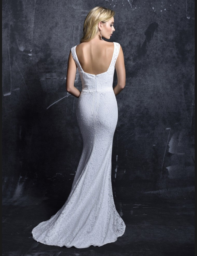 Nina Canacci 7354 Ivory lace fitted mermaid prom dress destination bridal gown with plunging neckline and low scoop back.  