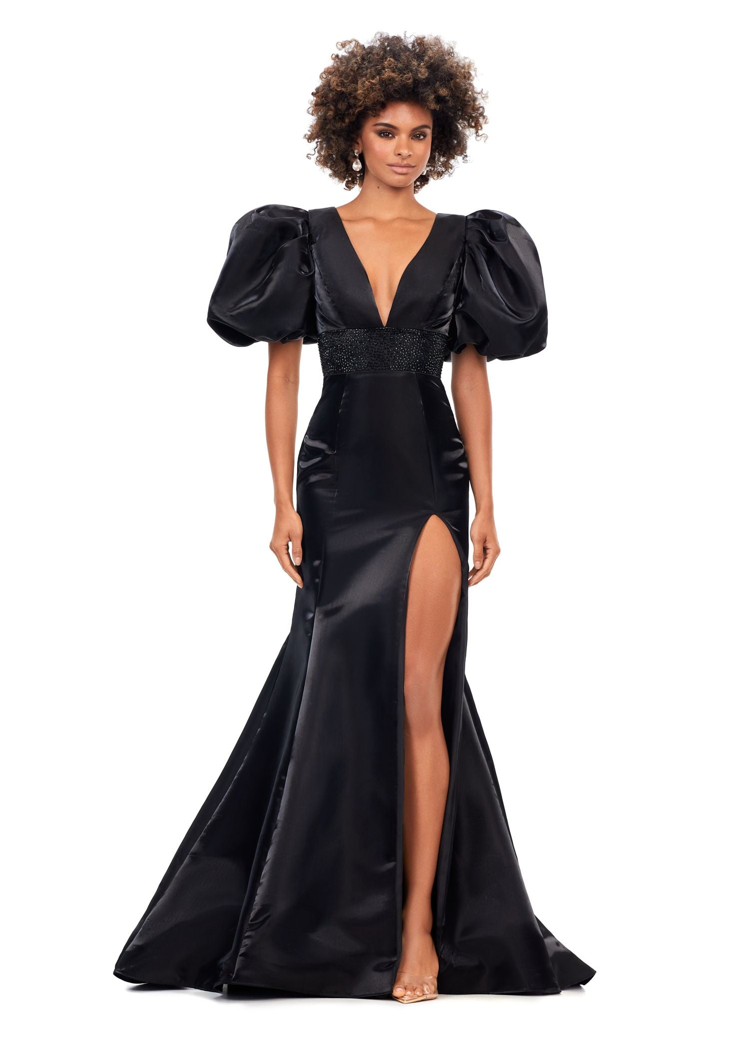 Ashley Lauren 11379 Fitted V-Neckline Gown with Oversized Puff Sleeves Long Prom Dress Formal Pageant 2 / Black Ashley Lauren 11379 Fitted V-Neckline Gown with Oversized Puff Sleeves Long Prom Dress Formal Pageant 2 / Black