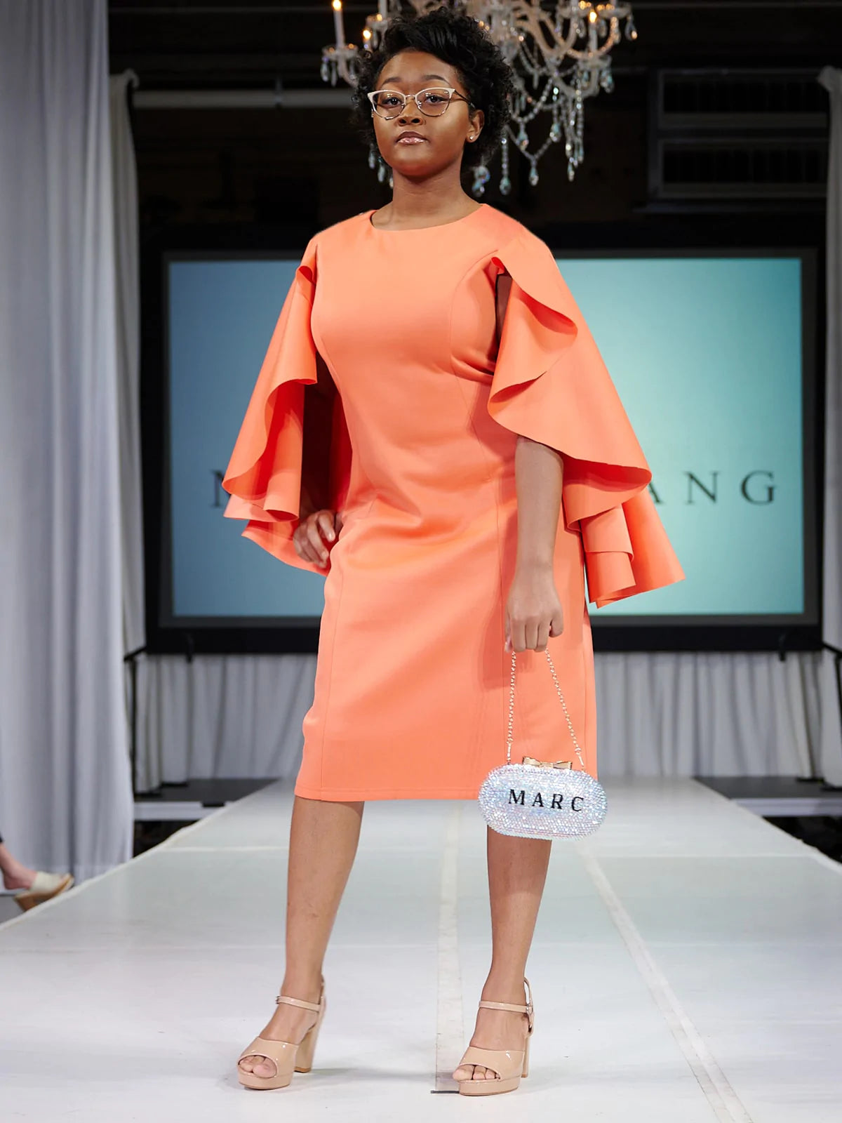 Marc Defang 8157 Size 2, 6 Orange Short Scuba Draped Sleeve Cocktail Interview Pageant Dress Evening Gown