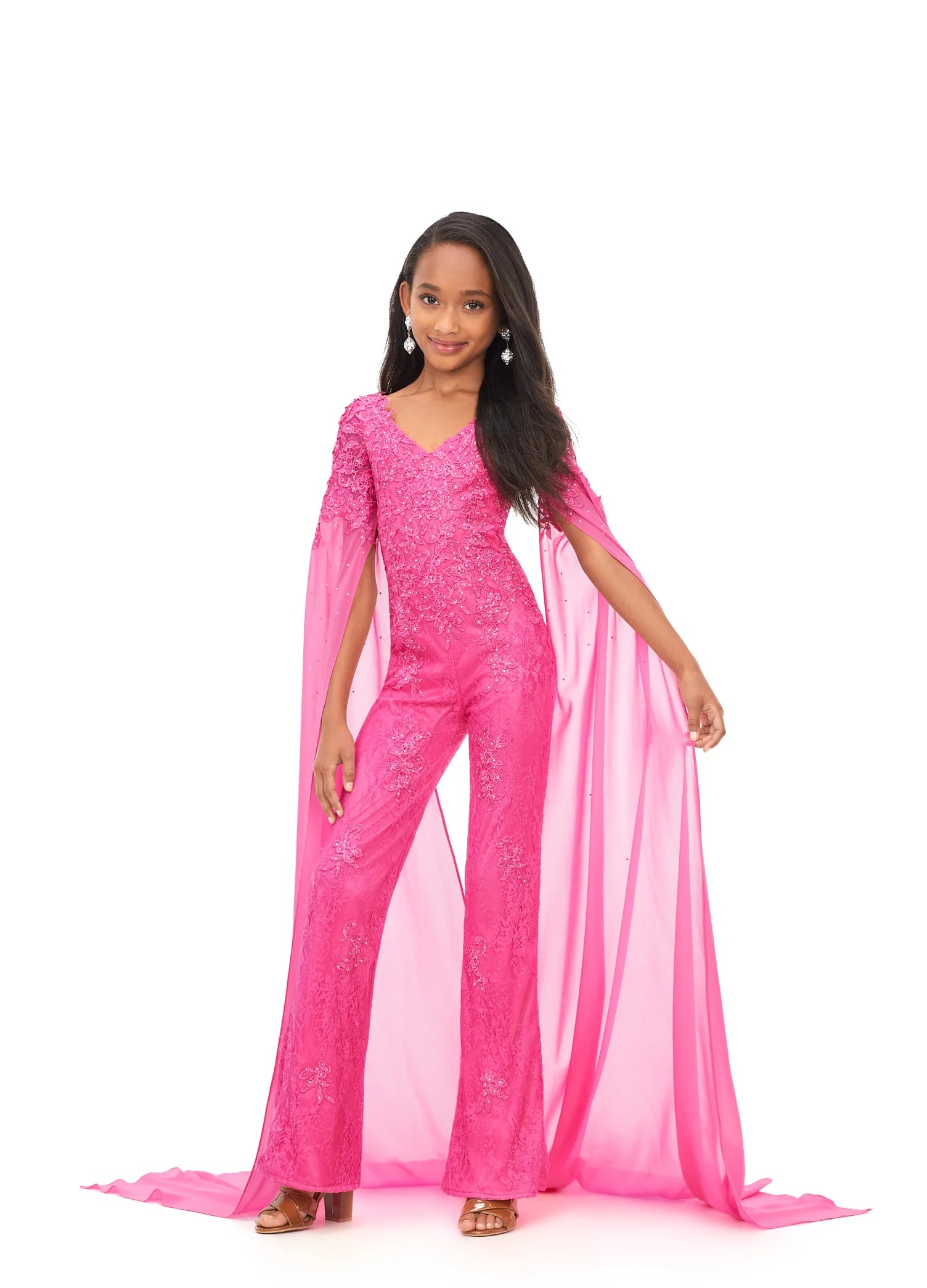 Ashley Lauren Kids 8162 Size 4 Pink Lace Girls Cape Sleeve Jumpsuit Fo –  Glass Slipper Formals