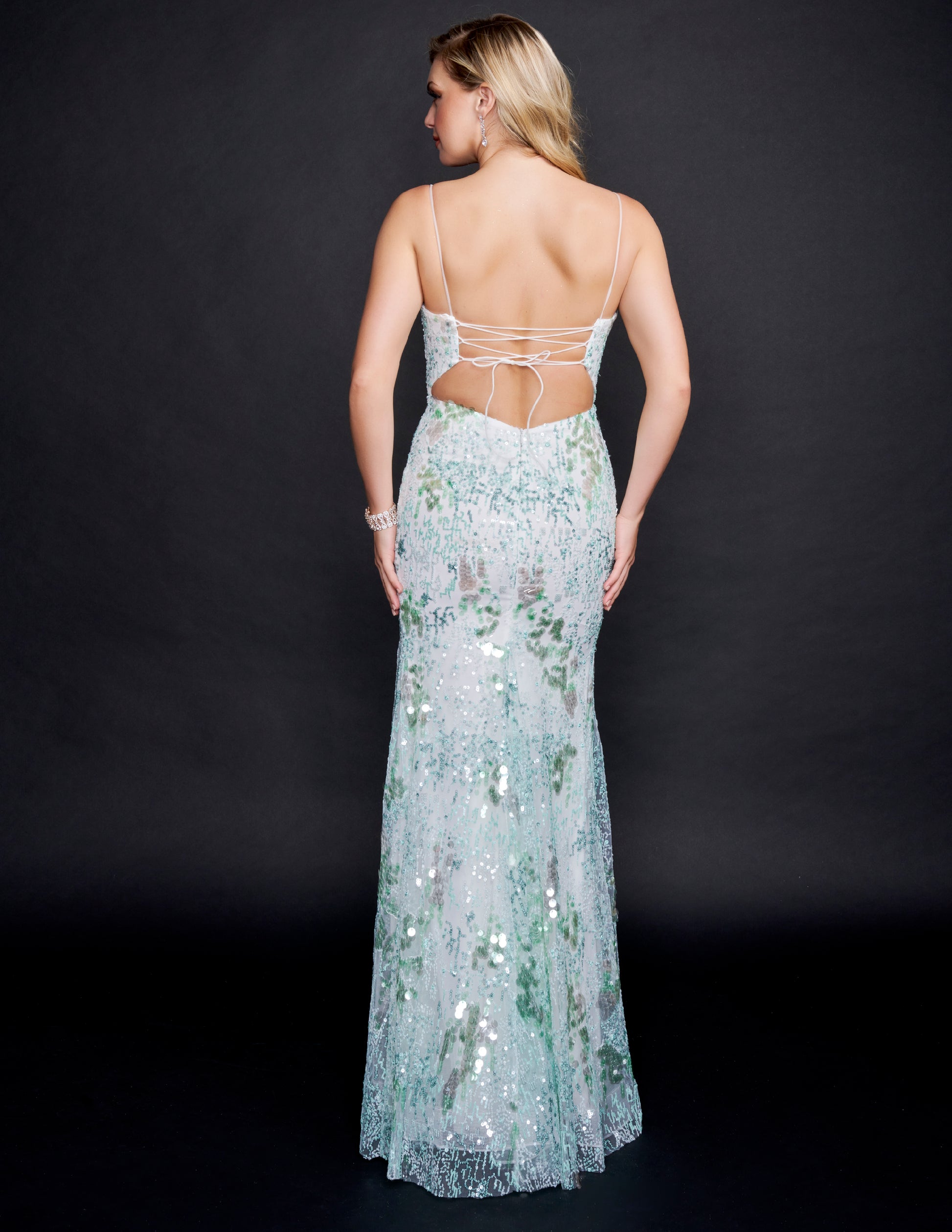 Nina Canacci 8213 Mint Sequined Prom Dress with V neckline and corset back
