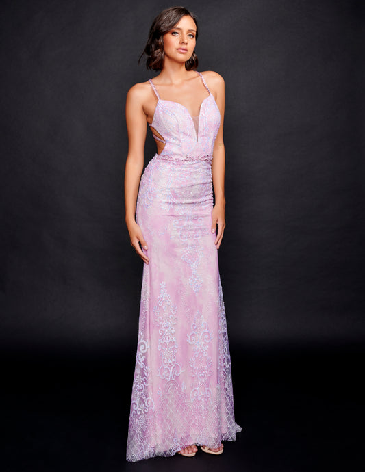 Nina Canacci 8216 Lilac Embellished Glitter Prom Dress with strappy back design in a backless evening gown and V neckline
