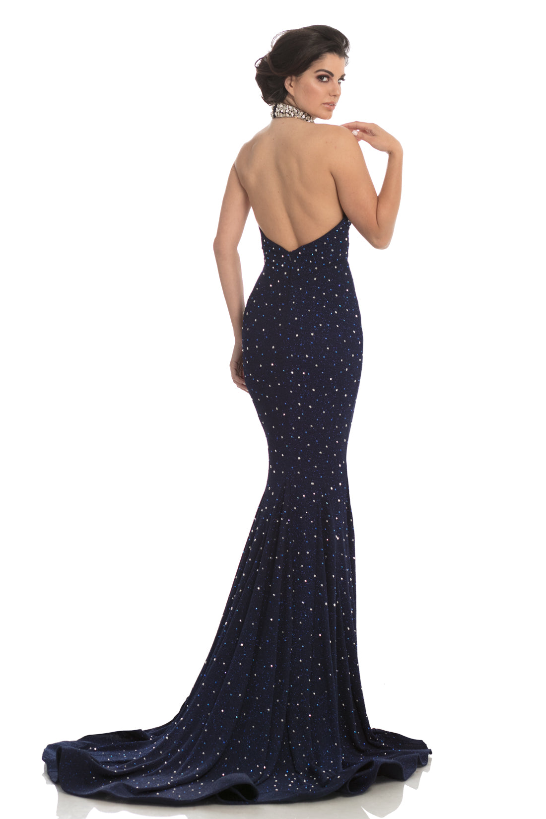 Johnathan Kayne 8235 is a choker neckline Prom Dress, Pageant Gown & formal evening Wear. CONVERTIBLE NECKLINE! Red carpet glam, this choker neckline is encrusted with hand beaded crystals and stones rain down the silhouette of this glitter stretch knit halter mermaid gown. The neckline features an invisible zipper that allows you to choose a neckline.