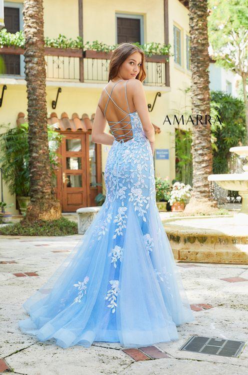 Amarra 87317 Long Embellished Lace Mermaid Prom Dress Backless Formal Gown Available Sizes: 00-16 Available Colors: Light Blue, Emerald